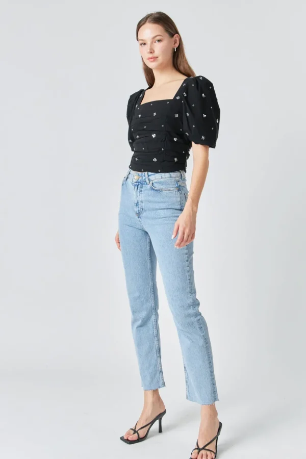 ENDLESS ROSE Tops*- Premium Sequins Floral Embroidery Top BLACK