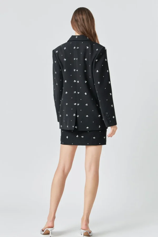 ENDLESS ROSE Blazers | Tops*- Premium Sequins Floral Embroidery Blazer BLACK