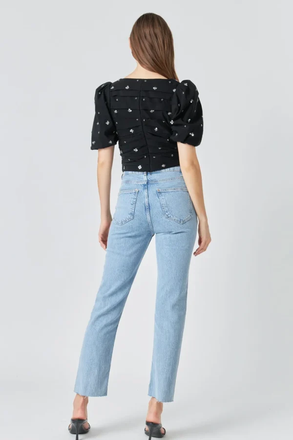 ENDLESS ROSE Tops*- Premium Sequins Floral Embroidery Top BLACK
