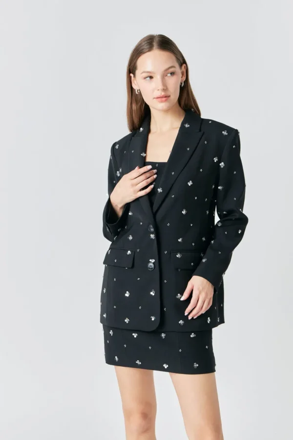 ENDLESS ROSE Blazers | Tops*- Premium Sequins Floral Embroidery Blazer BLACK