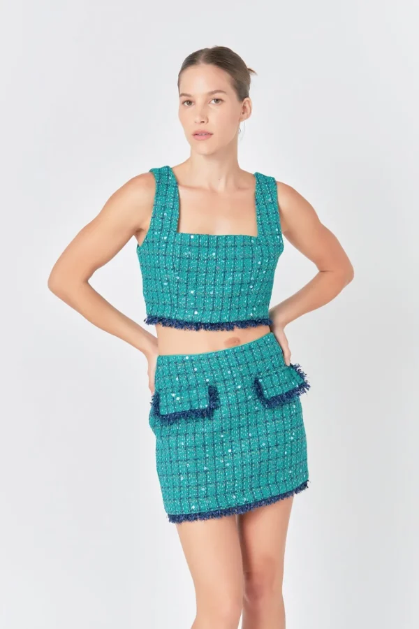 ENDLESS ROSE Skirts | Tops*- Premium Sequin Tweed Mini Skirt GREEN/NAVY