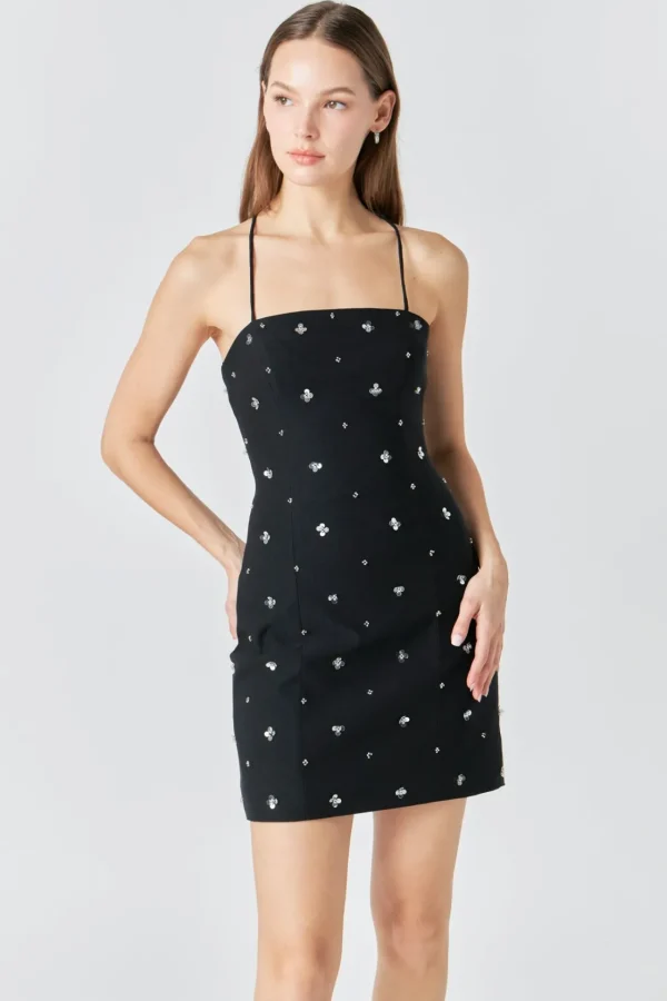 ENDLESS ROSE Sequin Dresses | Floral Dresses*- Premium Sequins Floral Embroidery Mini Dress BLACK