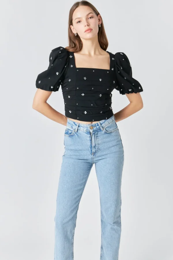 ENDLESS ROSE Tops*- Premium Sequins Floral Embroidery Top BLACK