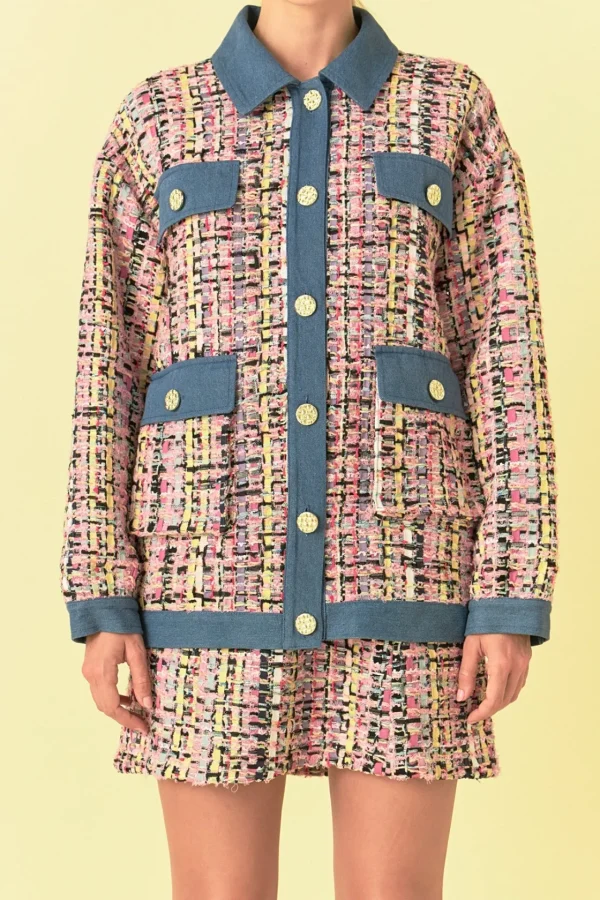 ENDLESS ROSE Matching Sets | Jackets & Coats*- Premium Tweed & Denim Combo Jacket PINKMULTI