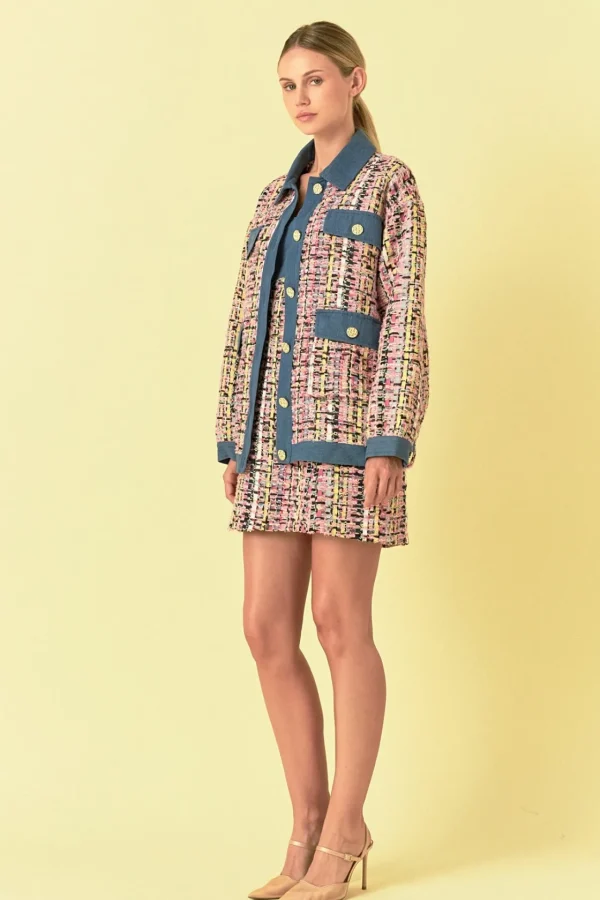 ENDLESS ROSE Matching Sets | Jackets & Coats*- Premium Tweed & Denim Combo Jacket PINKMULTI