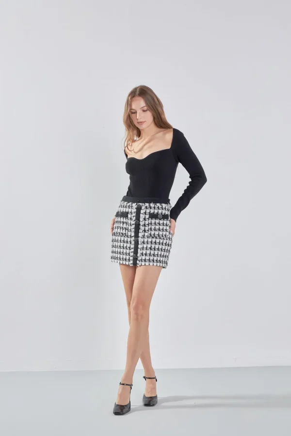 ENDLESS ROSE Skirts | Tops*- Premium Tweed Mini Skirt With Fringe BLACK/WHITE
