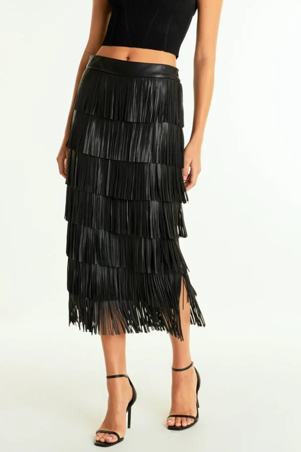 ENDLESS ROSE Skirts*- Pu Fringe Maxi Skirt BLACK