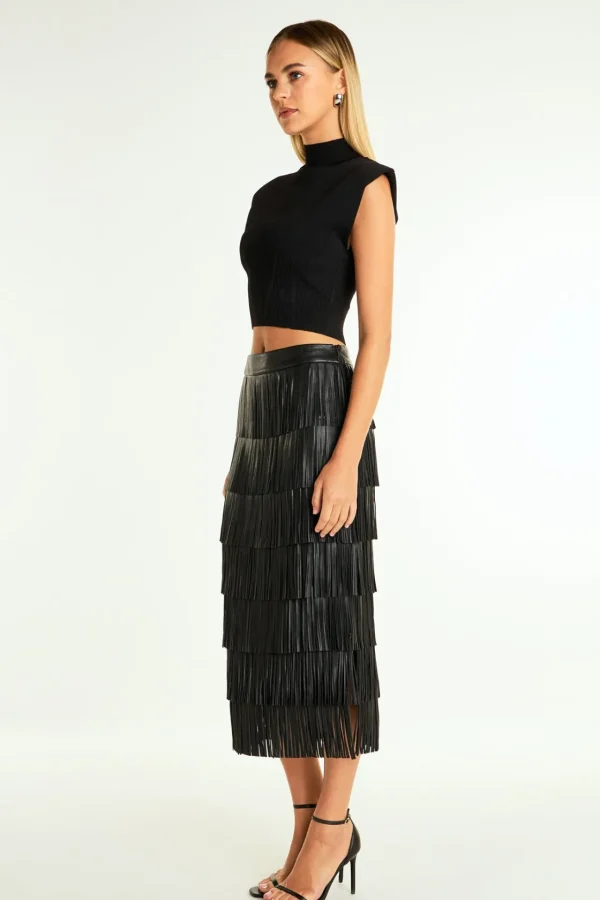ENDLESS ROSE Skirts*- Pu Fringe Maxi Skirt BLACK