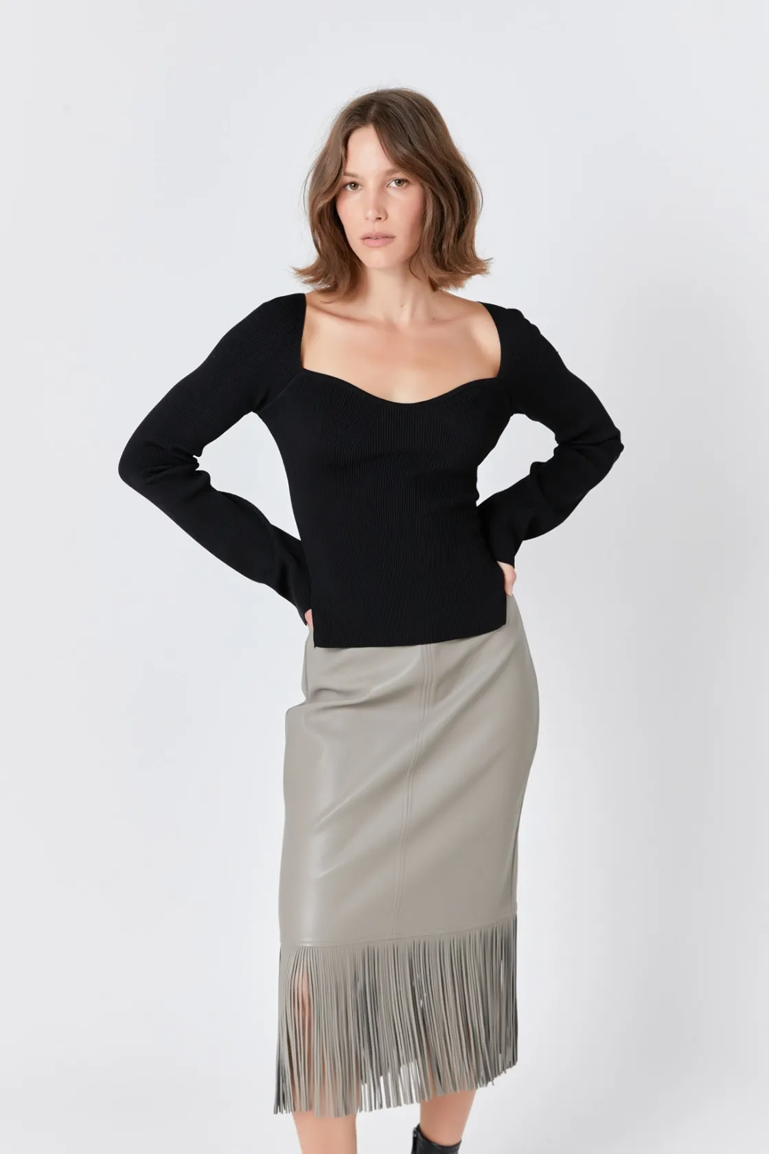 endless_rose__pu_fringe_p_3.webp ENDLESS ROSE Skirts | Tops*- Pu Fringe Pencil Midi Skirt TAUPE