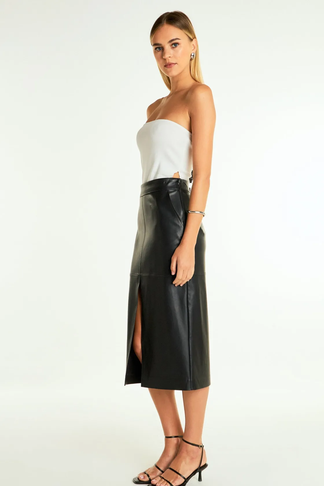endless_rose__pu_front_sl_1.webp ENDLESS ROSE Skirts | Tops*- Pu Front Slit Midi Skirt BLACK