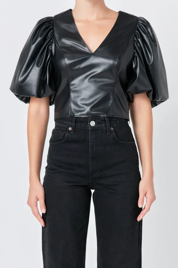 ENDLESS ROSE Tops*- Pu Puff Sleeve Top
