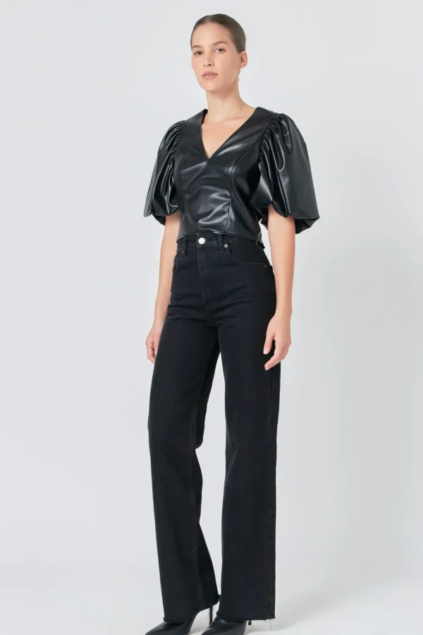 ENDLESS ROSE Tops*- Pu Puff Sleeve Top