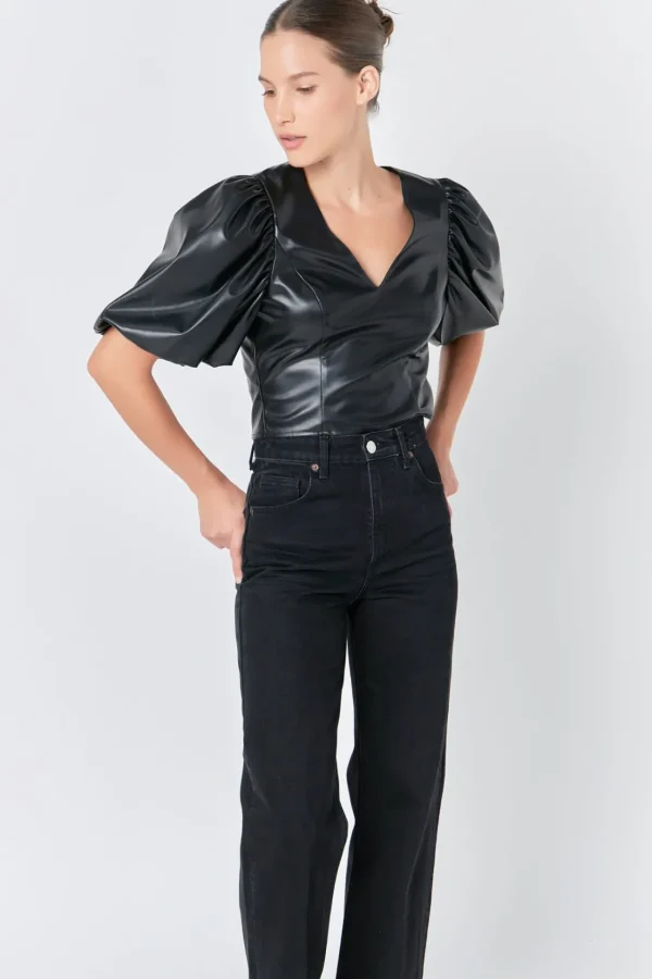 ENDLESS ROSE Tops*- Pu Puff Sleeve Top