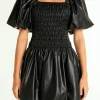 ENDLESS ROSE Little Black Dress | Tops*- Pu Smocked Balloon Detail Mini Dress BLACK