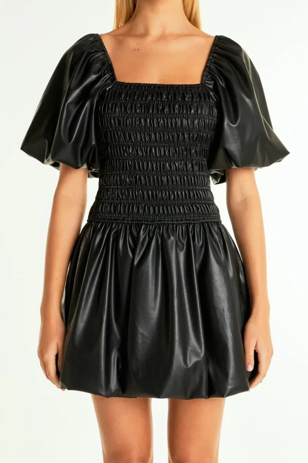 ENDLESS ROSE Little Black Dress | Tops*- Pu Smocked Balloon Detail Mini Dress BLACK