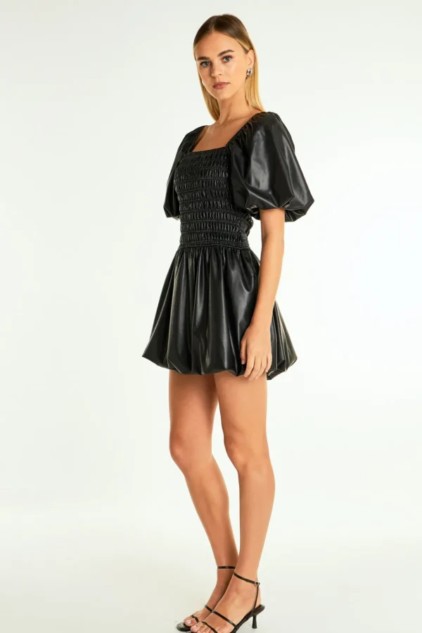 ENDLESS ROSE Little Black Dress | Tops*- Pu Smocked Balloon Detail Mini Dress BLACK