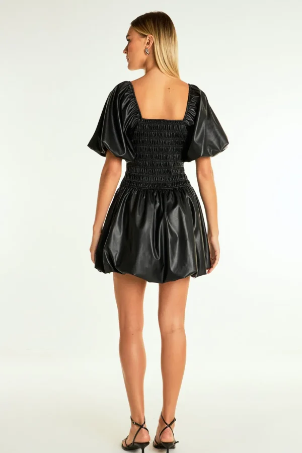 ENDLESS ROSE Little Black Dress | Tops*- Pu Smocked Balloon Detail Mini Dress BLACK