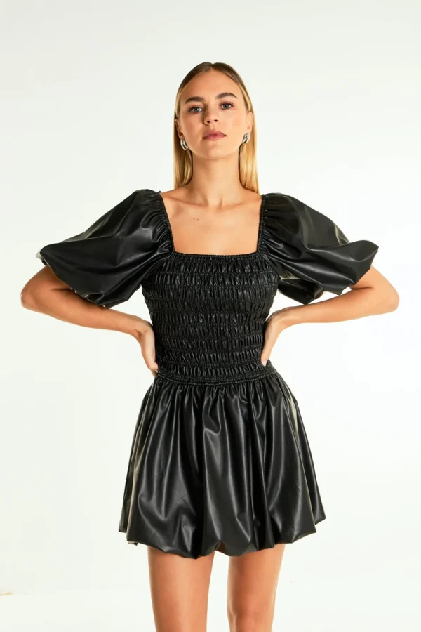 ENDLESS ROSE Little Black Dress | Tops*- Pu Smocked Balloon Detail Mini Dress BLACK