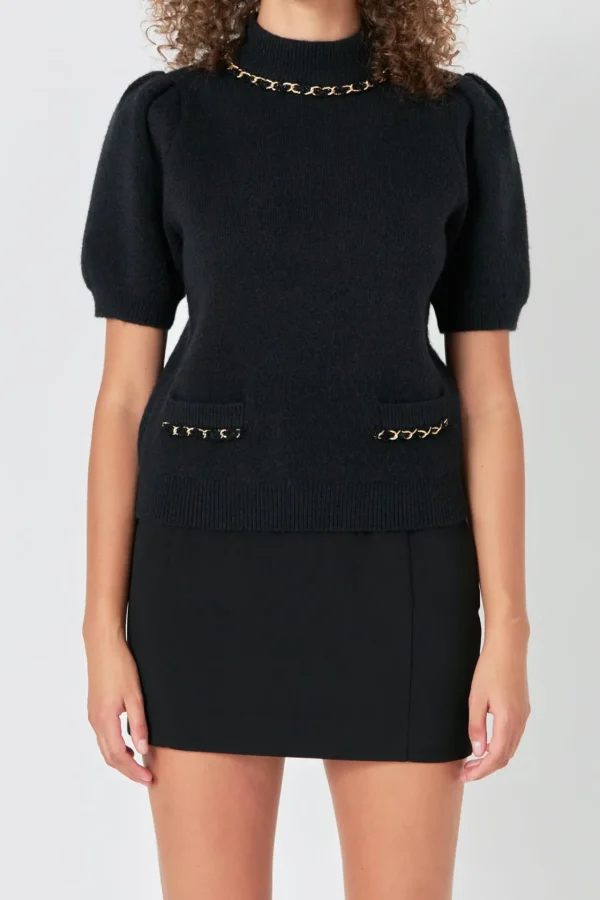 ENDLESS ROSE Tops*- Puff Chain Detailed Knit Top BLACK