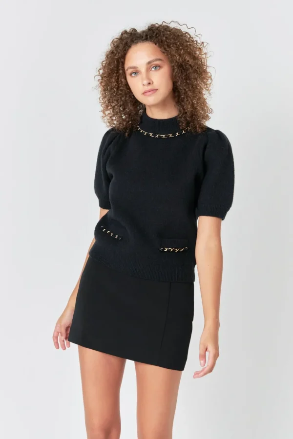 ENDLESS ROSE Tops*- Puff Chain Detailed Knit Top BLACK