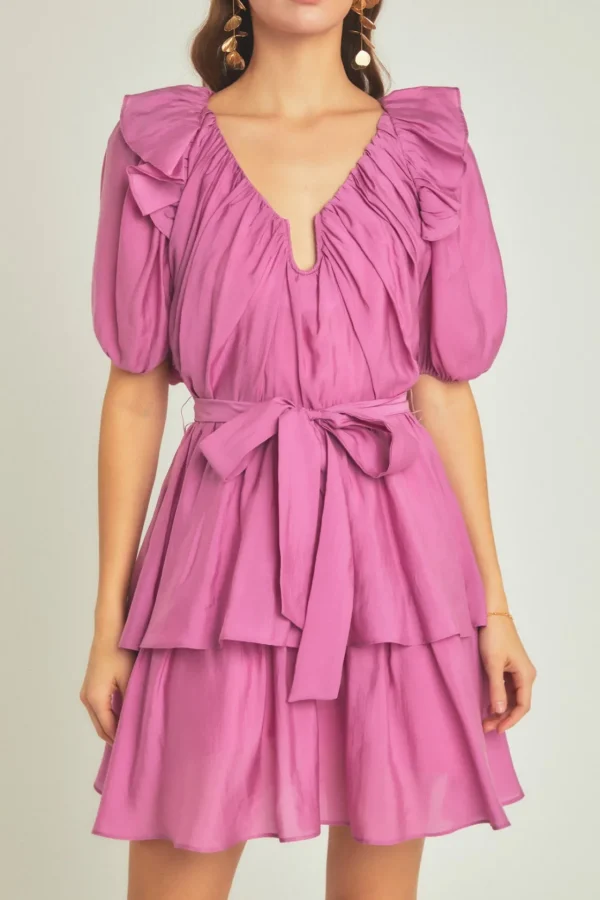 ENDLESS ROSE Tops*- Puff Sleeve Layered Mini Dress ORCHID