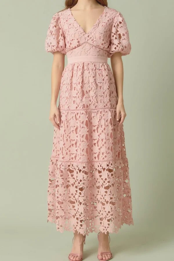 ENDLESS ROSE Lace Dresses | White Dresses*- Puff Sleeve Lace Tiered Maxi Dress