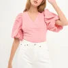 ENDLESS ROSE Tops*- Puff Sleeve Check Jacquard Top PINK