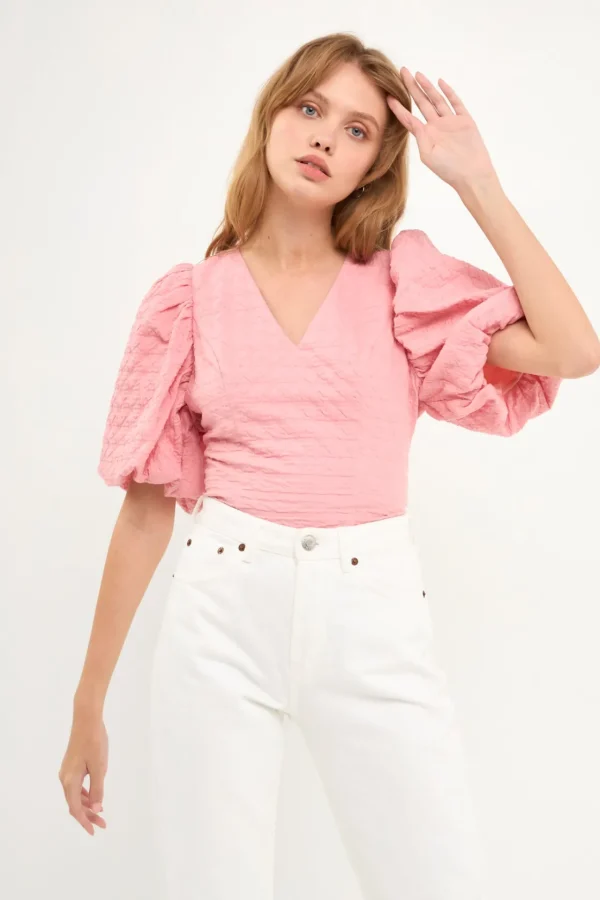 ENDLESS ROSE Tops*- Puff Sleeve Check Jacquard Top PINK