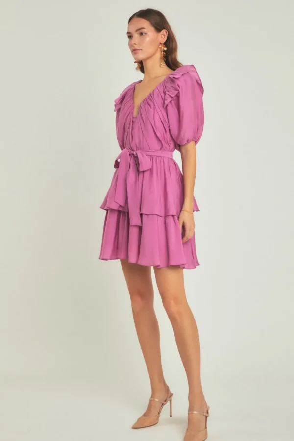 ENDLESS ROSE Tops*- Puff Sleeve Layered Mini Dress ORCHID