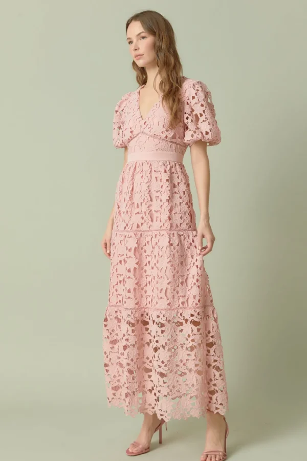 ENDLESS ROSE Lace Dresses | White Dresses*- Puff Sleeve Lace Tiered Maxi Dress