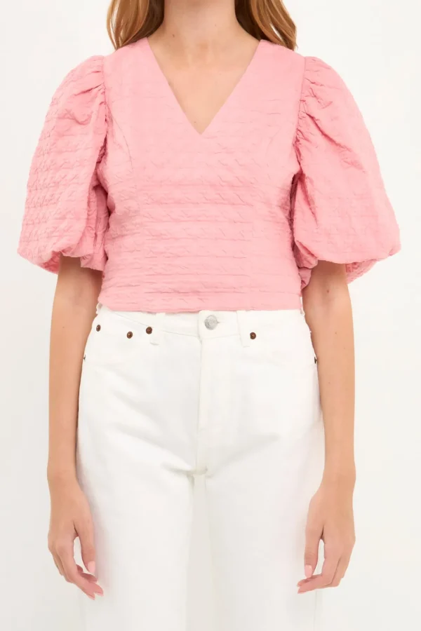 ENDLESS ROSE Tops*- Puff Sleeve Check Jacquard Top PINK