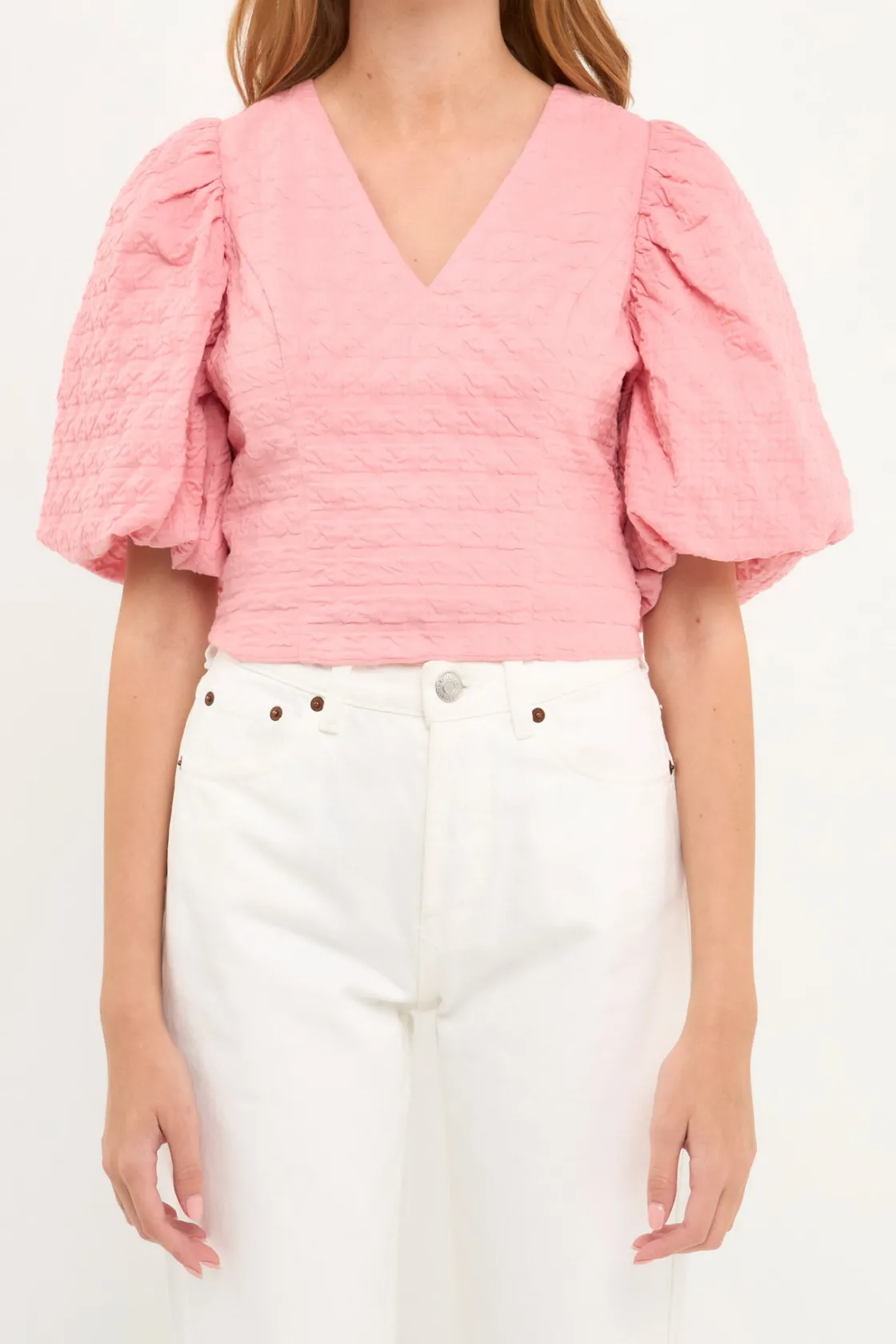 endless_rose__puff_sleeve_1-3.webp ENDLESS ROSE Tops*- Puff Sleeve Check Jacquard Top PINK