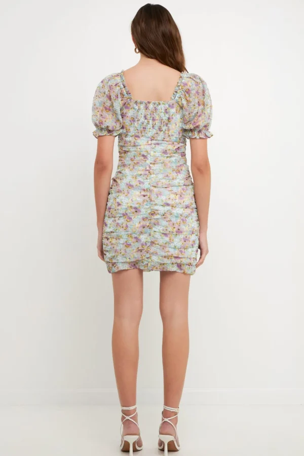 ENDLESS ROSE Tops*- Puff Sleeve Mini Dress with Sweetheart Neckline PURPLEMULTI