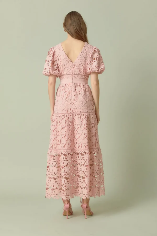 ENDLESS ROSE Lace Dresses | White Dresses*- Puff Sleeve Lace Tiered Maxi Dress