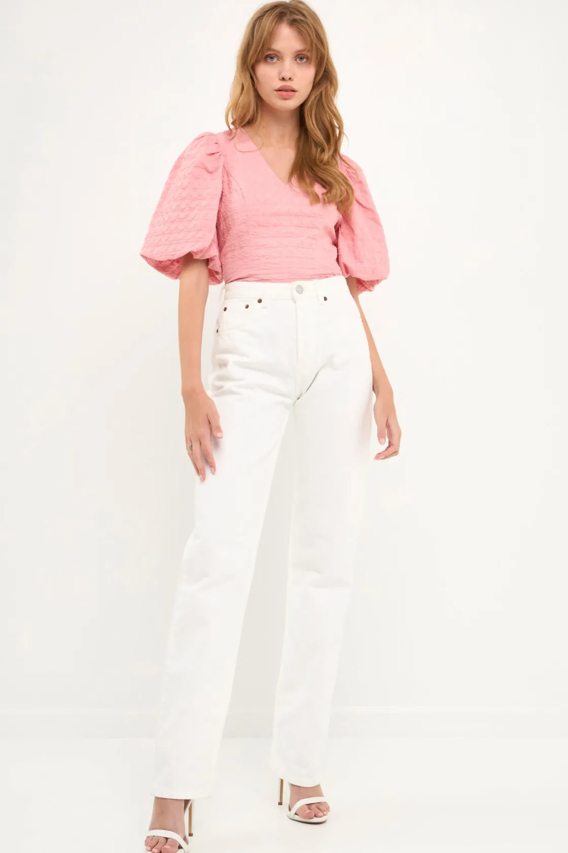 endless_rose__puff_sleeve_2-3.webp ENDLESS ROSE Tops*- Puff Sleeve Check Jacquard Top PINK