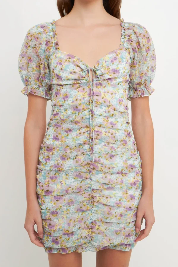 ENDLESS ROSE Tops*- Puff Sleeve Mini Dress with Sweetheart Neckline PURPLEMULTI
