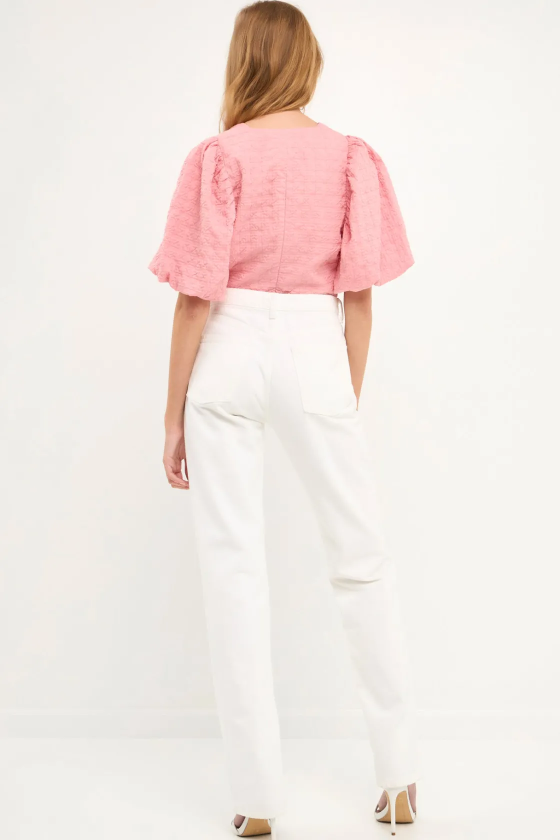endless_rose__puff_sleeve_3-2.webp ENDLESS ROSE Tops*- Puff Sleeve Check Jacquard Top PINK