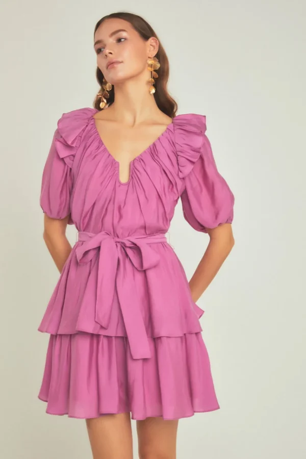 ENDLESS ROSE Tops*- Puff Sleeve Layered Mini Dress ORCHID