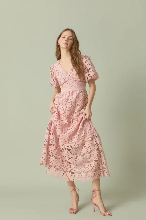ENDLESS ROSE Lace Dresses | White Dresses*- Puff Sleeve Lace Tiered Maxi Dress
