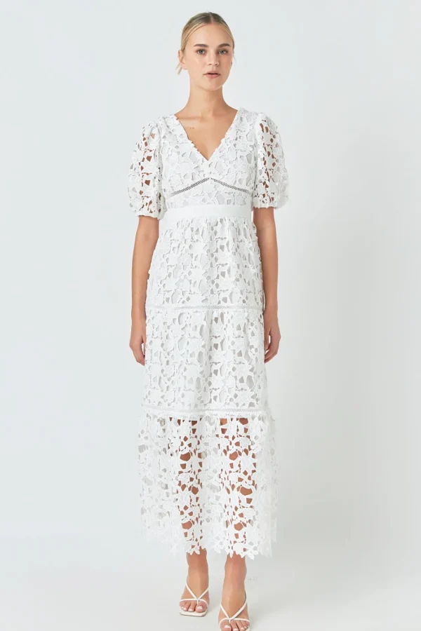 ENDLESS ROSE Lace Dresses | White Dresses*- Puff Sleeve Lace Tiered Maxi Dress