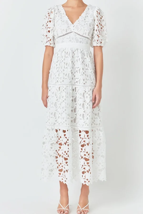 ENDLESS ROSE Lace Dresses | White Dresses*- Puff Sleeve Lace Tiered Maxi Dress