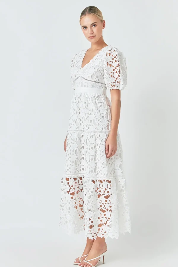 ENDLESS ROSE Lace Dresses | White Dresses*- Puff Sleeve Lace Tiered Maxi Dress