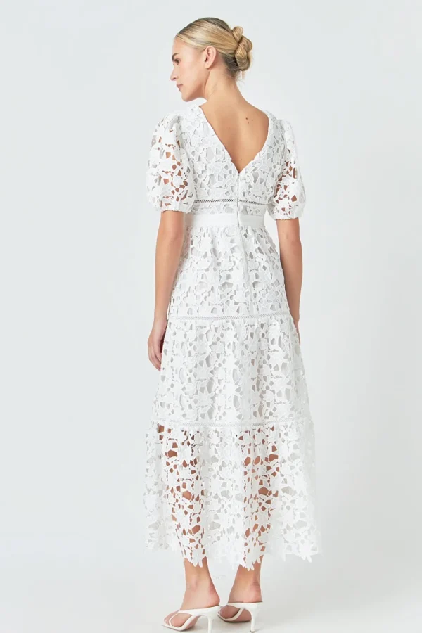 ENDLESS ROSE Lace Dresses | White Dresses*- Puff Sleeve Lace Tiered Maxi Dress