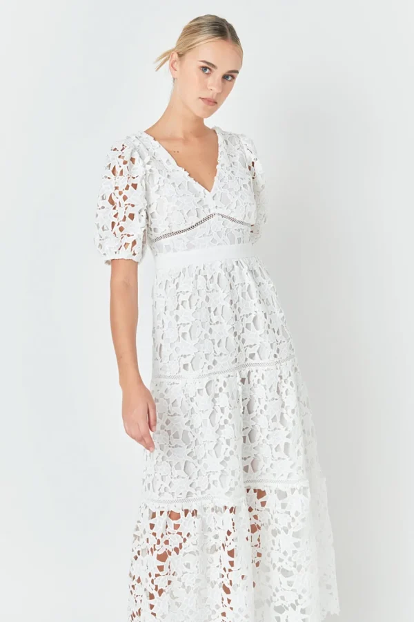 ENDLESS ROSE Lace Dresses | White Dresses*- Puff Sleeve Lace Tiered Maxi Dress