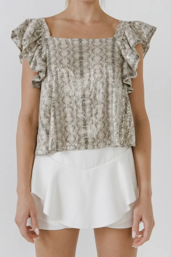 ENDLESS ROSE Tops*- Python Sequin Babydoll Top MULTI