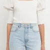 ENDLESS ROSE Tops*- Quarter Sleeve Smocked Puff Sleeve Top WHITE