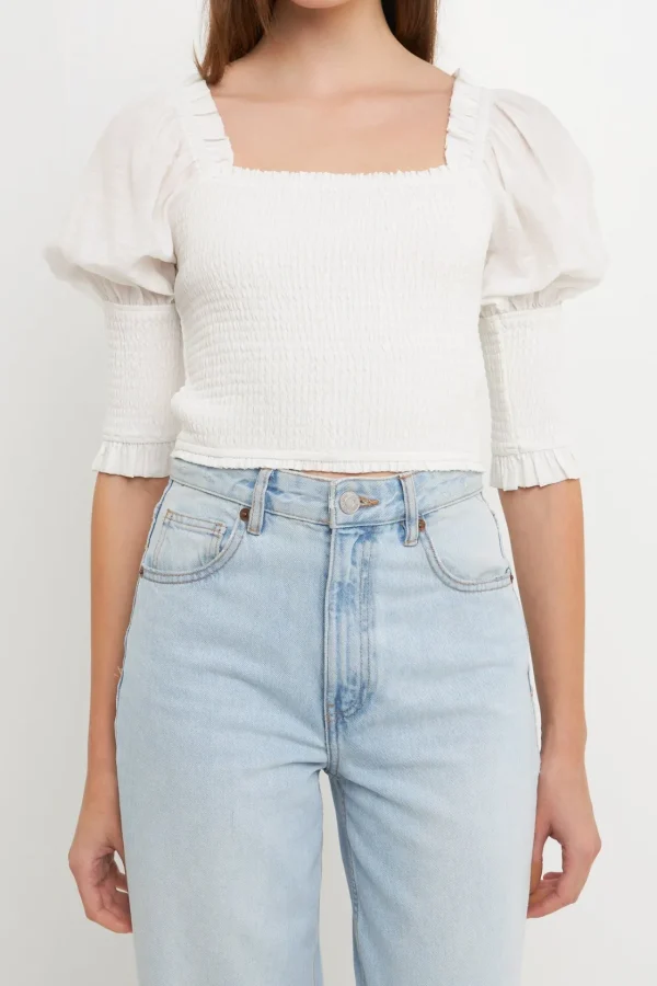ENDLESS ROSE Tops*- Quarter Sleeve Smocked Puff Sleeve Top WHITE