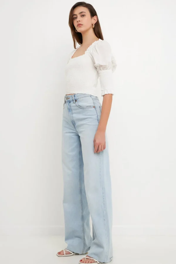 ENDLESS ROSE Tops*- Quarter Sleeve Smocked Puff Sleeve Top WHITE