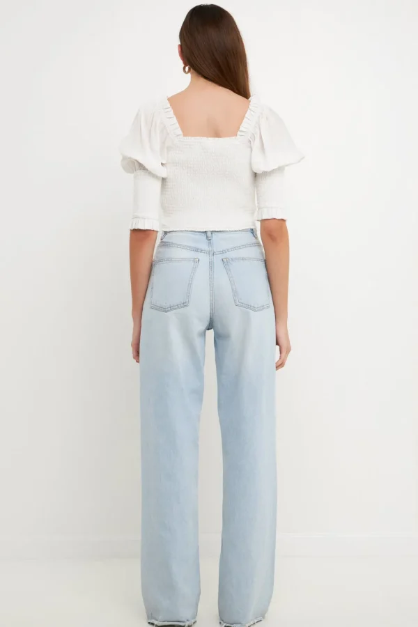 ENDLESS ROSE Tops*- Quarter Sleeve Smocked Puff Sleeve Top WHITE