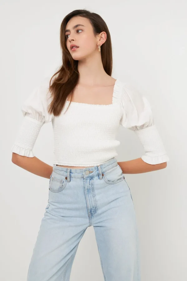 ENDLESS ROSE Tops*- Quarter Sleeve Smocked Puff Sleeve Top WHITE
